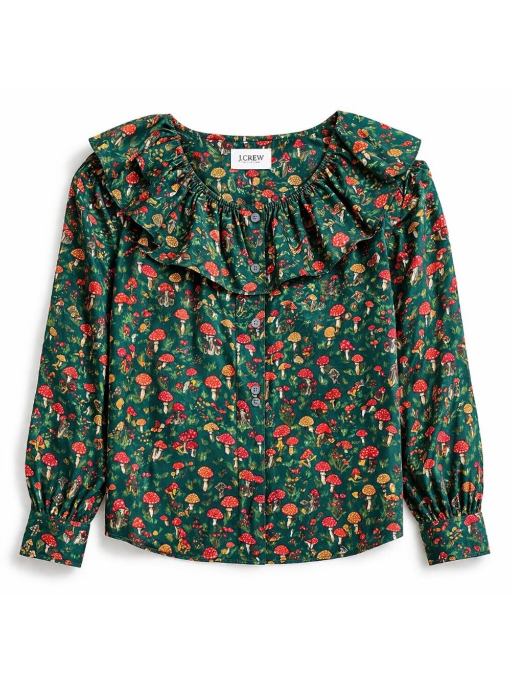 J Crew Collection NWOT Silk Mushroom Print Ruffle Blouse Green XL Cottagecore